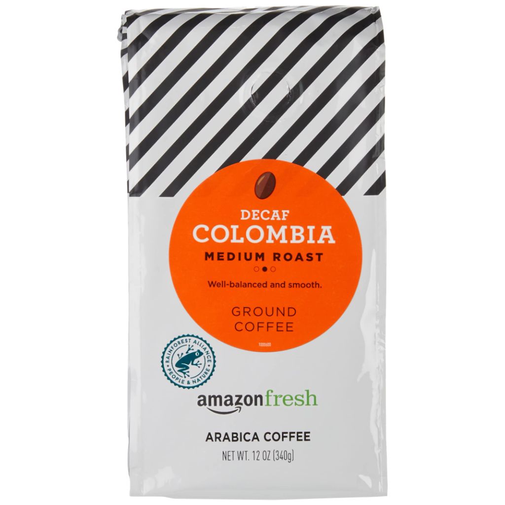 Amazon Fresh Decaf Colombia Medium Roast Ground Coffee, 12oz.