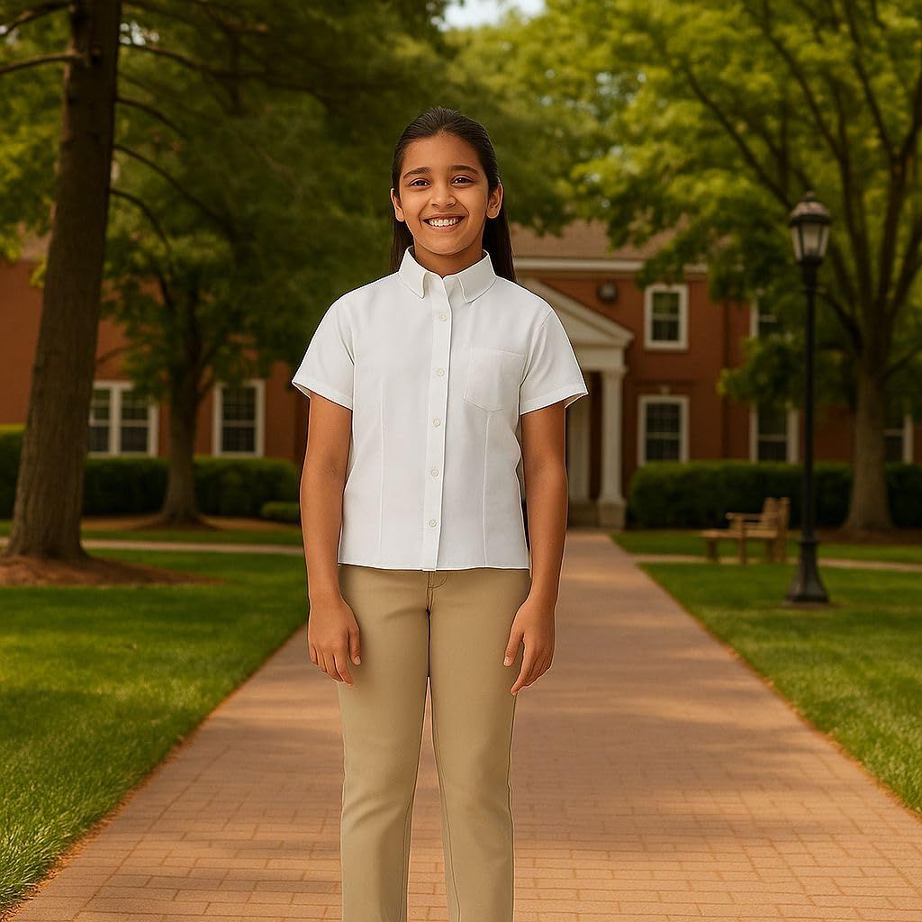 French Toast Girls' Fitted Wrinkle-Resistant Short-Sleeve Oxford Shirt - White, Size 14