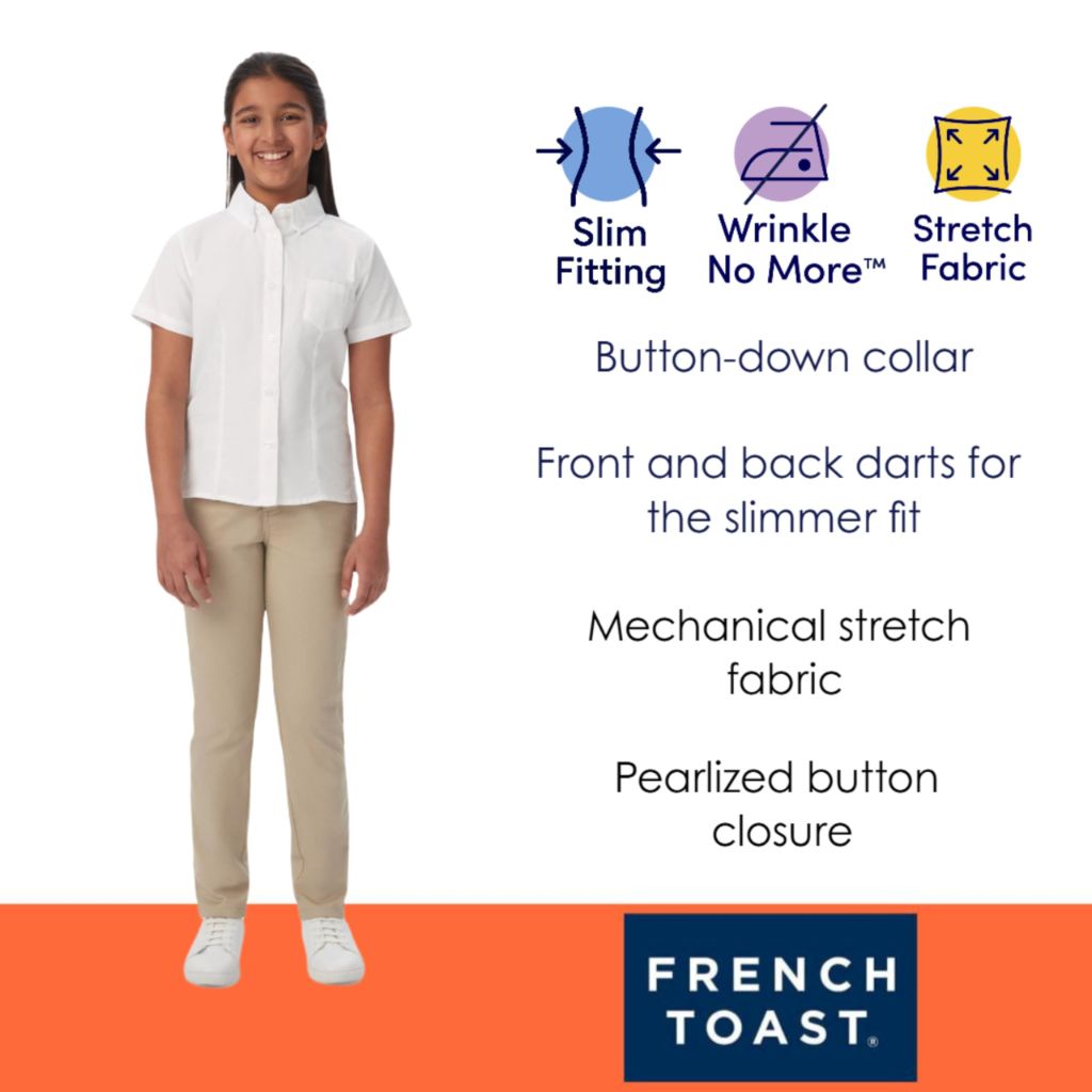 French Toast Girls' Fitted Wrinkle-Resistant Short-Sleeve Oxford Shirt - White, Size 14