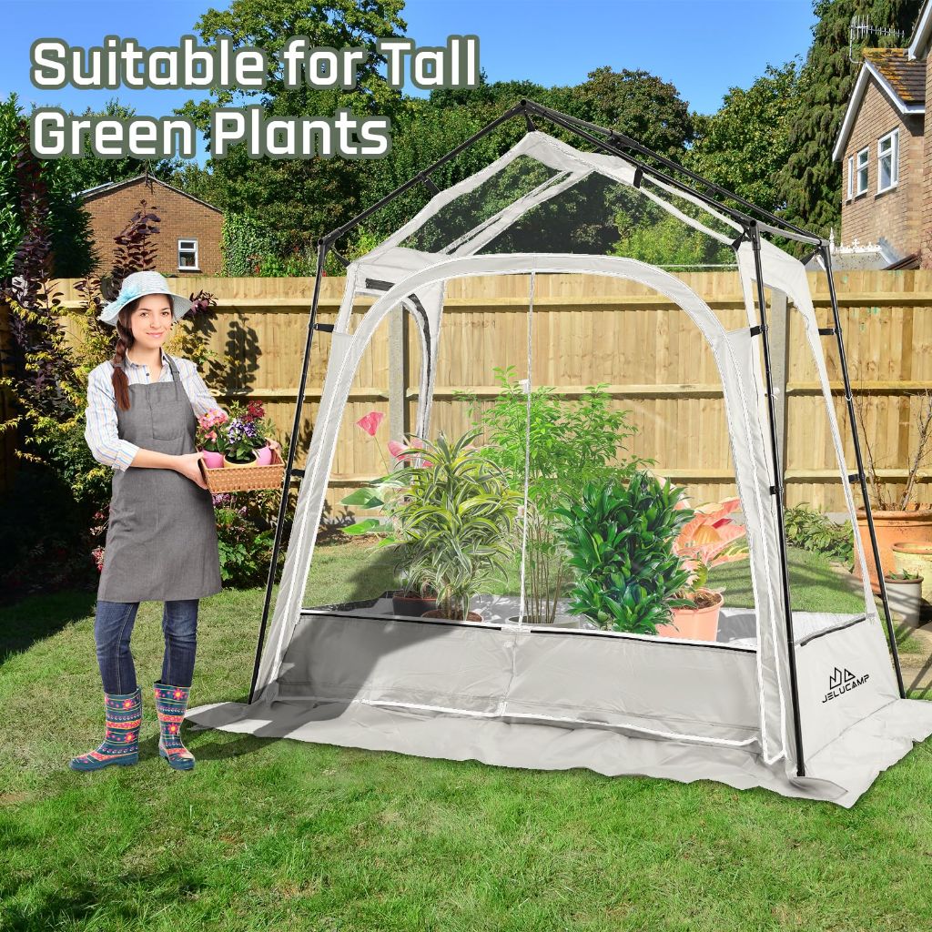 JELUCAMP Small Greenhouse with Window, Clear PVC Cover - White