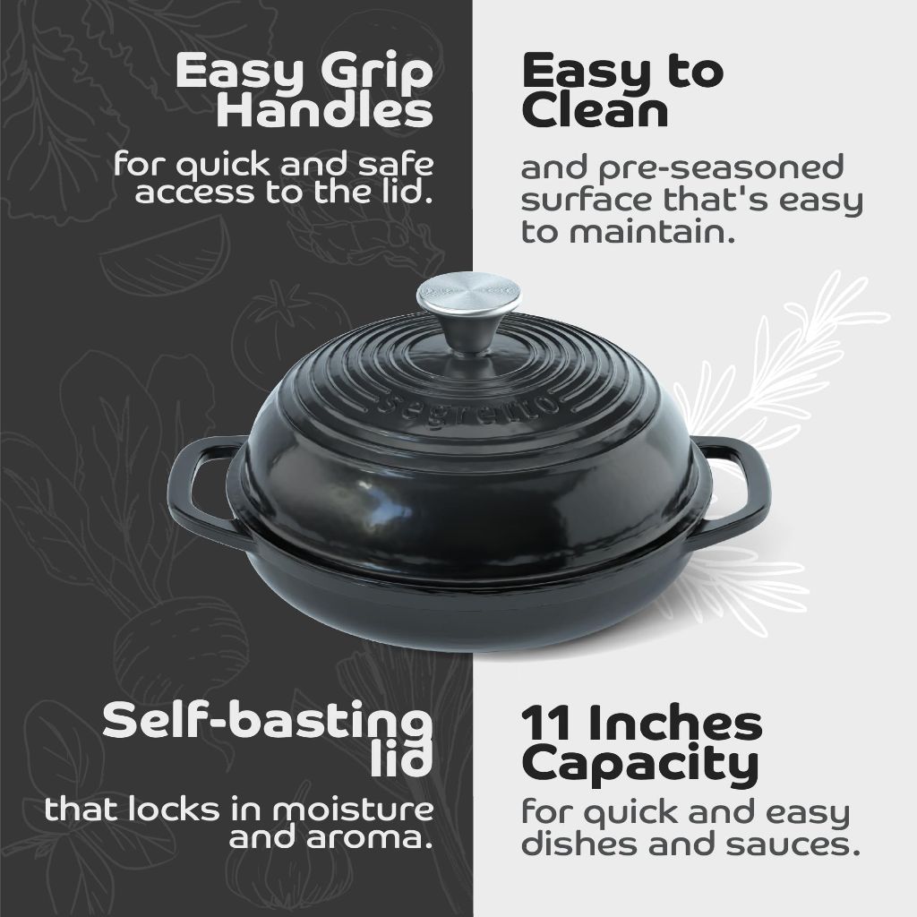 Segretto Cookware 11" Enameled Cast Iron Bread Over with Lid - Black (Nero)