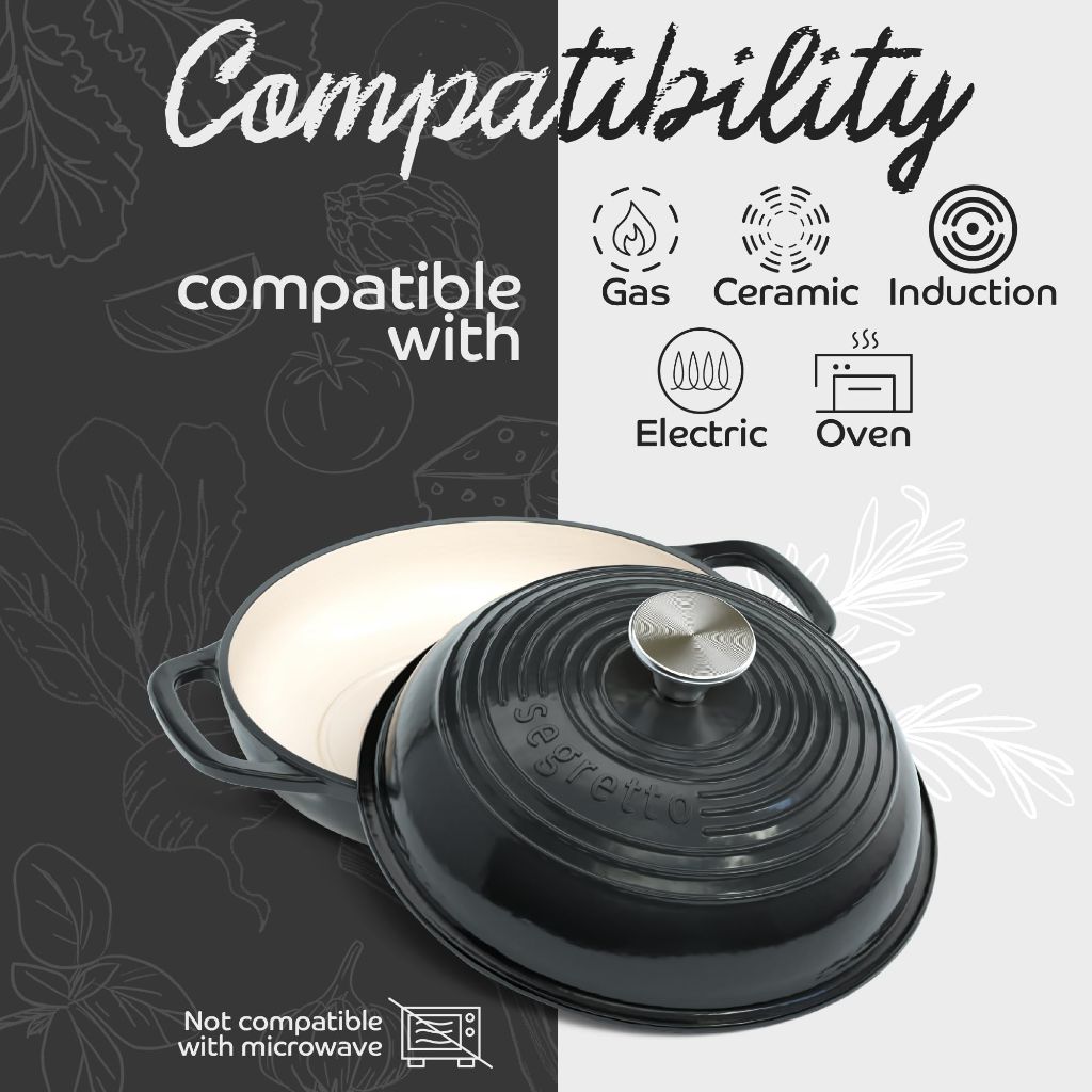 Segretto Cookware 11" Enameled Cast Iron Bread Over with Lid - Black (Nero)
