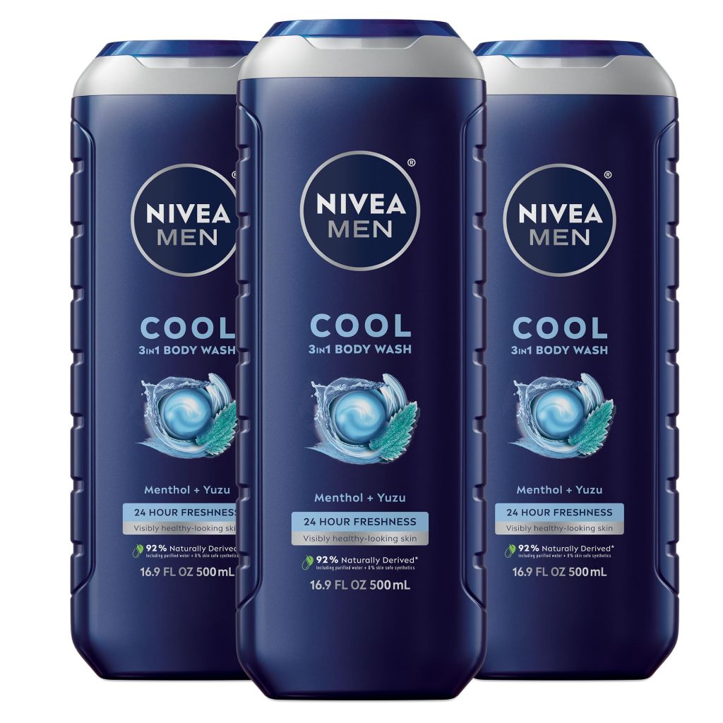NIVEA MEN Cool 3-in-1 Wash for Body, Face, & Hair - Icy Menthol and Yuzu Scent, 16.9 fl. oz. (3 Pack)