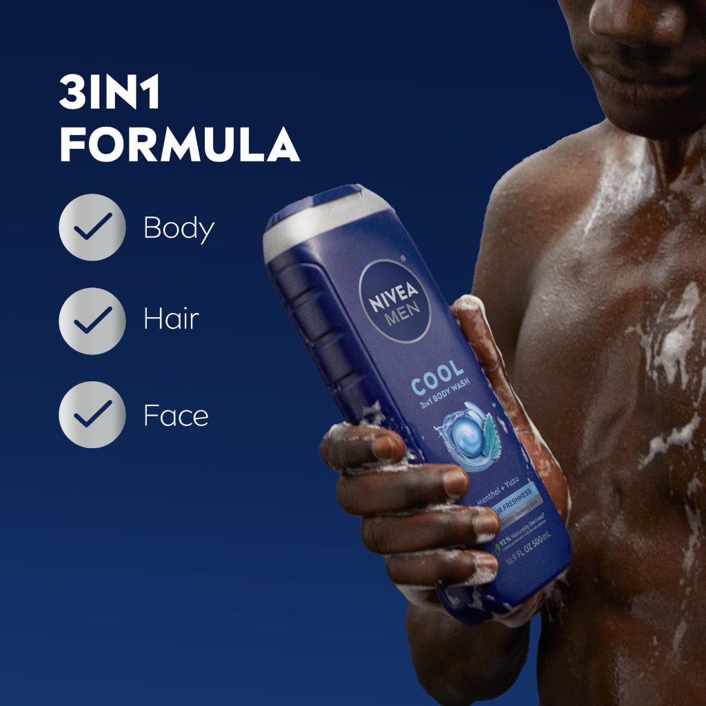 NIVEA MEN Cool 3-in-1 Wash for Body, Face, & Hair - Icy Menthol and Yuzu Scent, 16.9 fl. oz. (3 Pack)