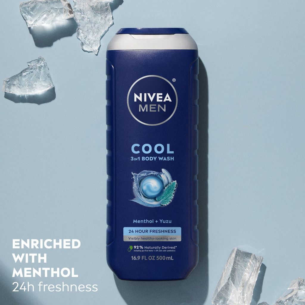 NIVEA MEN Cool 3-in-1 Wash for Body, Face, & Hair - Icy Menthol and Yuzu Scent, 16.9 fl. oz. (3 Pack)
