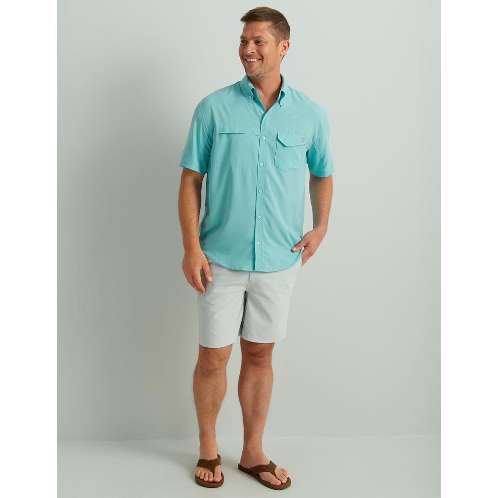 HUK Men's Tide Point Solid Short Sleeve Button-Up Shirt - Marine Blue, XL