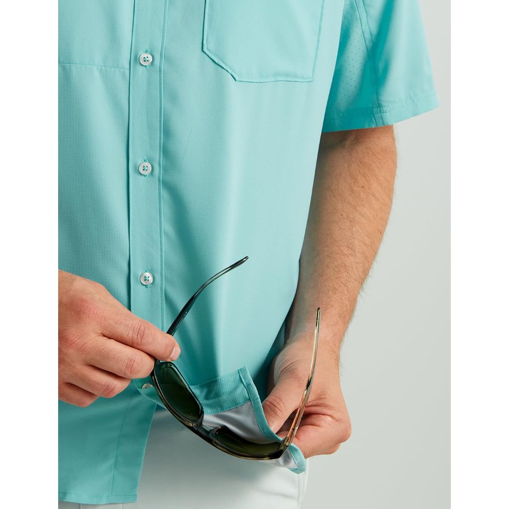 HUK Men's Tide Point Solid Short Sleeve Button-Up Shirt - Marine Blue, XL