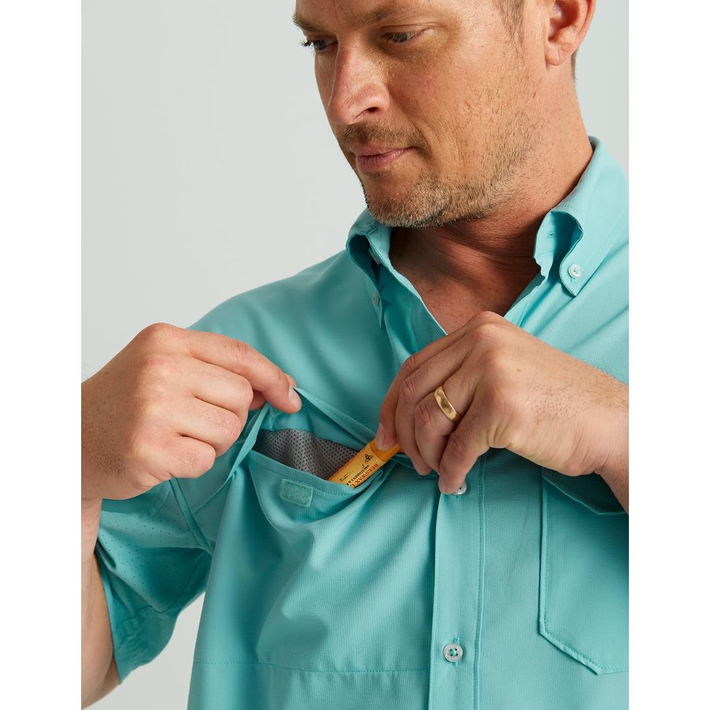HUK Men's Tide Point Solid Short Sleeve Button-Up Shirt - Marine Blue, XL
