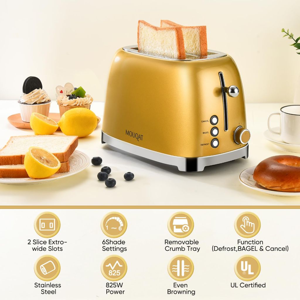 Mouqat 2 Slice Toaster, Wide Slot Stainless Steel, 6 Shade Settings - Gold