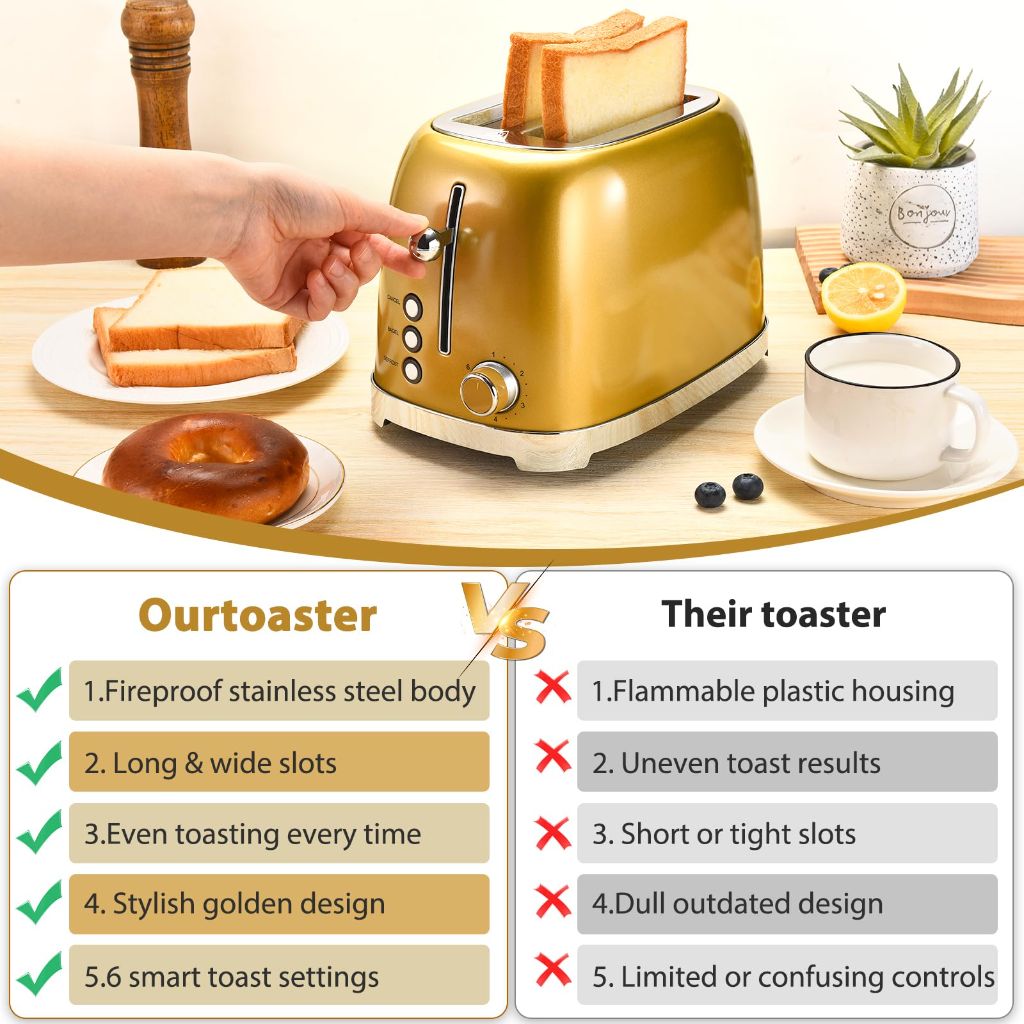 Mouqat 2 Slice Toaster, Wide Slot Stainless Steel, 6 Shade Settings - Gold