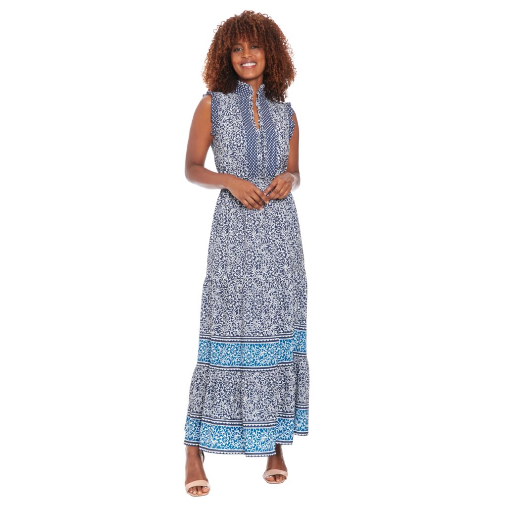 London Times Women's Tiered Maxi Button Front Ruffled Shoulder Dress - Navy/Ivory, Size 10