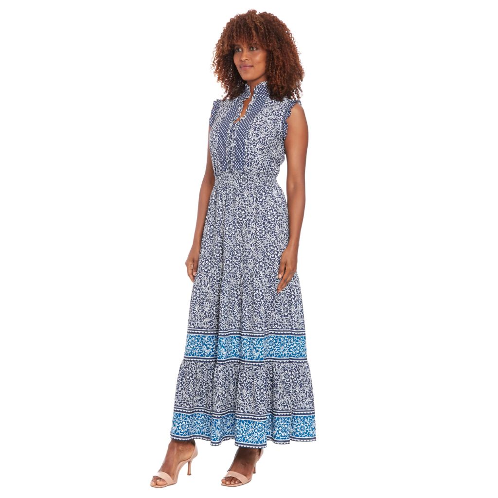 London Times Women's Tiered Maxi Button Front Ruffled Shoulder Dress - Navy/Ivory, Size 10