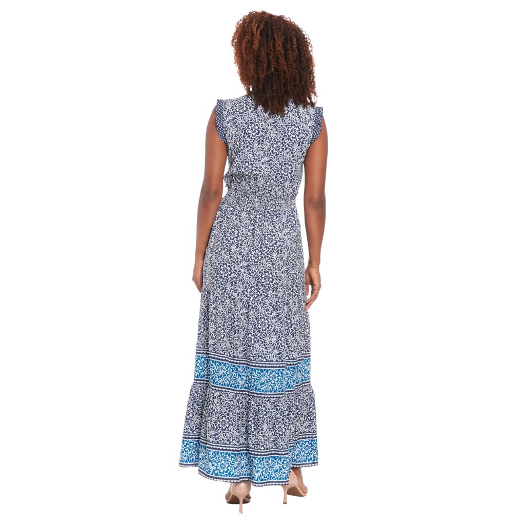 London Times Women's Tiered Maxi Button Front Ruffled Shoulder Dress - Navy/Ivory, Size 10