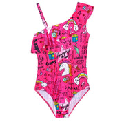 Snowheart Girl's One-Piece Adjustable Shoulder Strap UPF50+ Ruffle Bathing Suit - Pink Cartoon, Size 6-7 Years