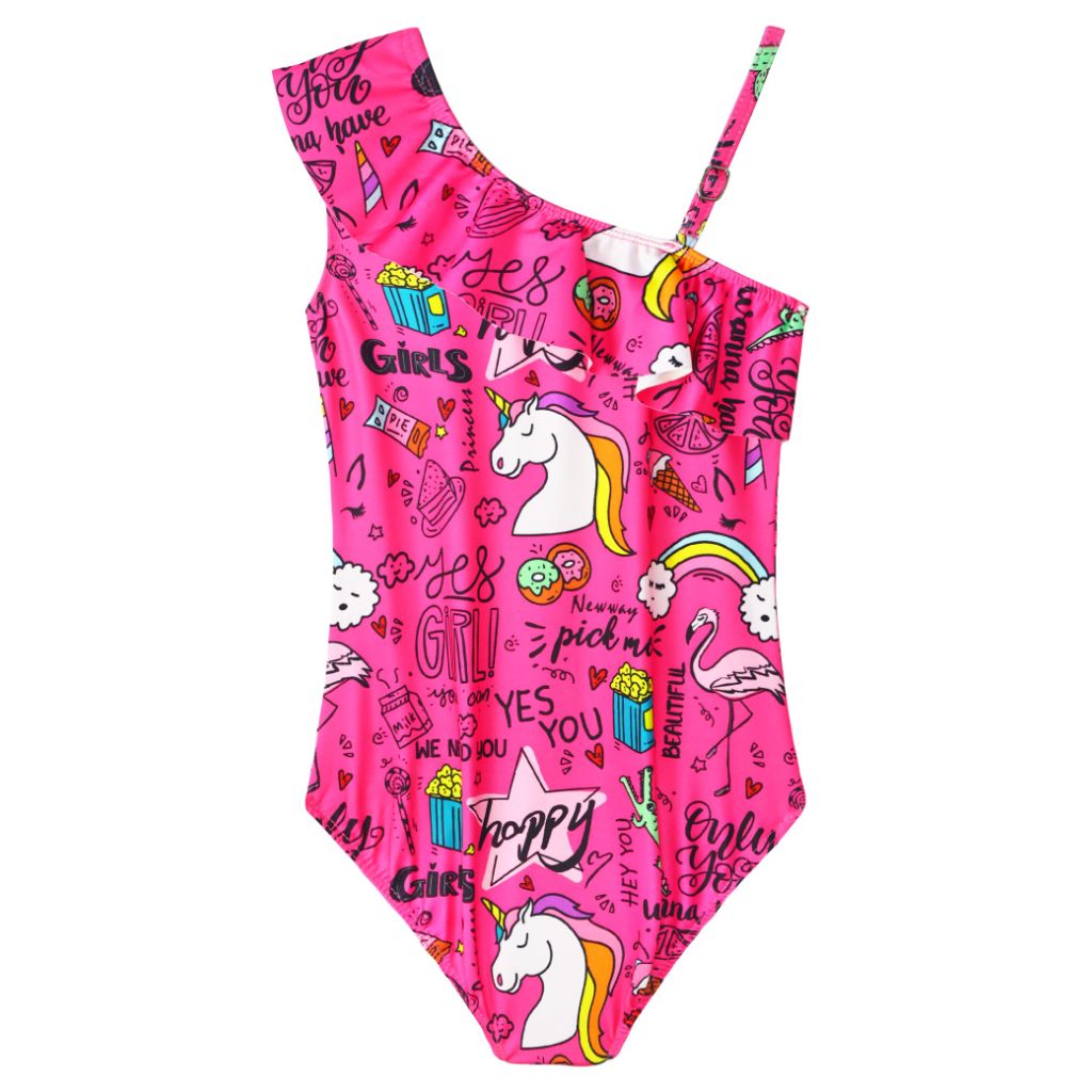 Snowheart Girl's One-Piece Adjustable Shoulder Strap UPF50+ Ruffle Bathing Suit - Pink Cartoon, Size 6-7 Years
