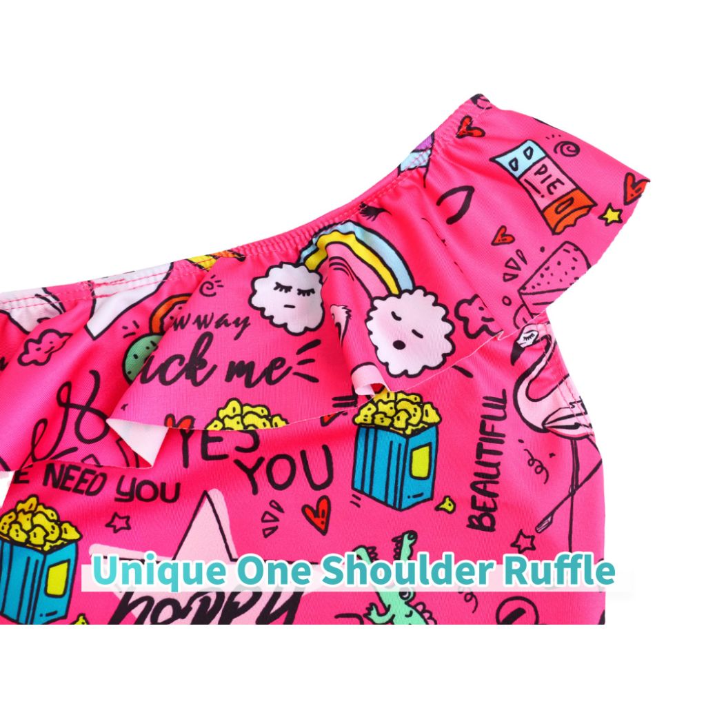 Snowheart Girl's One-Piece Adjustable Shoulder Strap UPF50+ Ruffle Bathing Suit - Pink Cartoon, Size 6-7 Years
