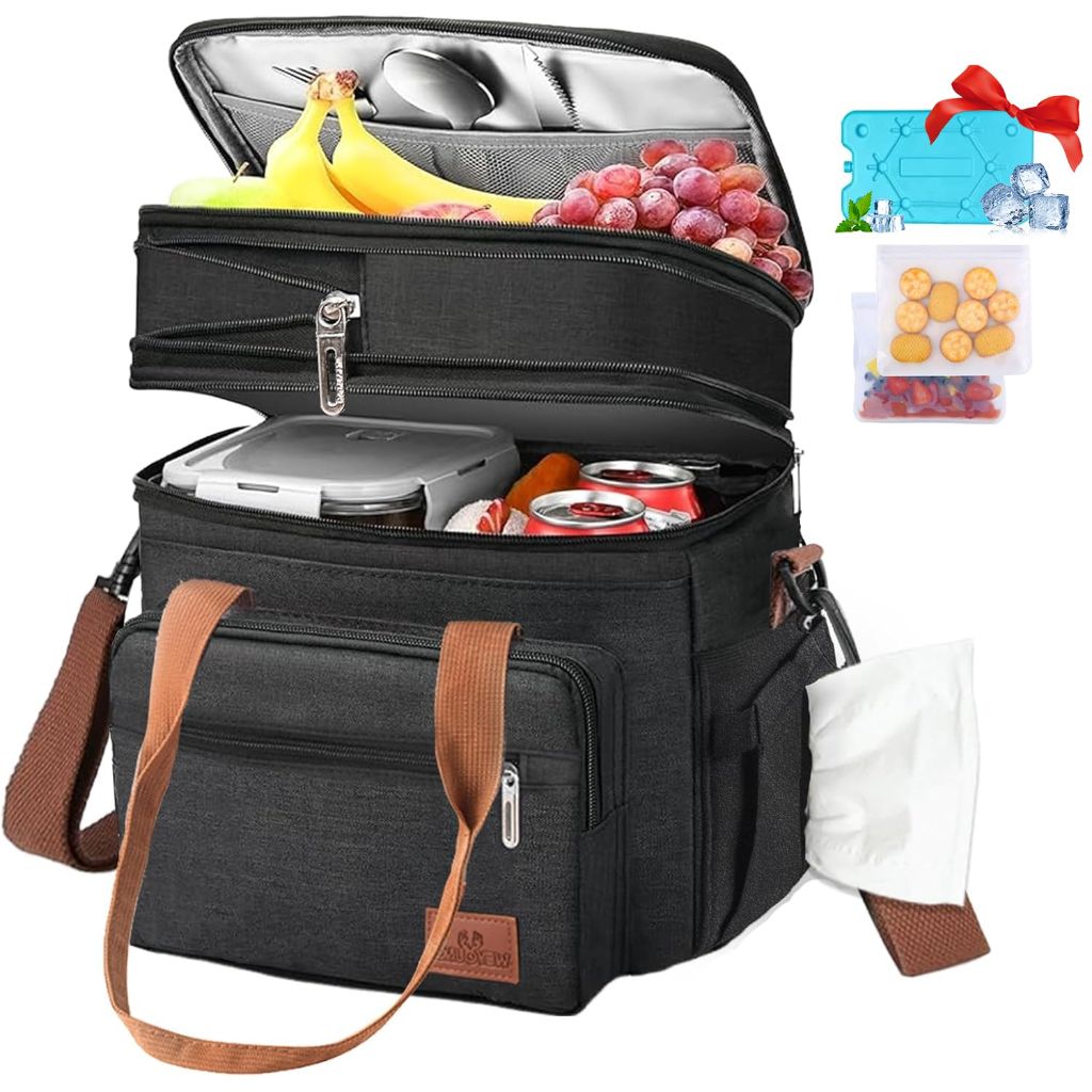 Lunch Box with Ice Pack, 2*Reusable Storage Bags, Expandable Double Deck (Black)