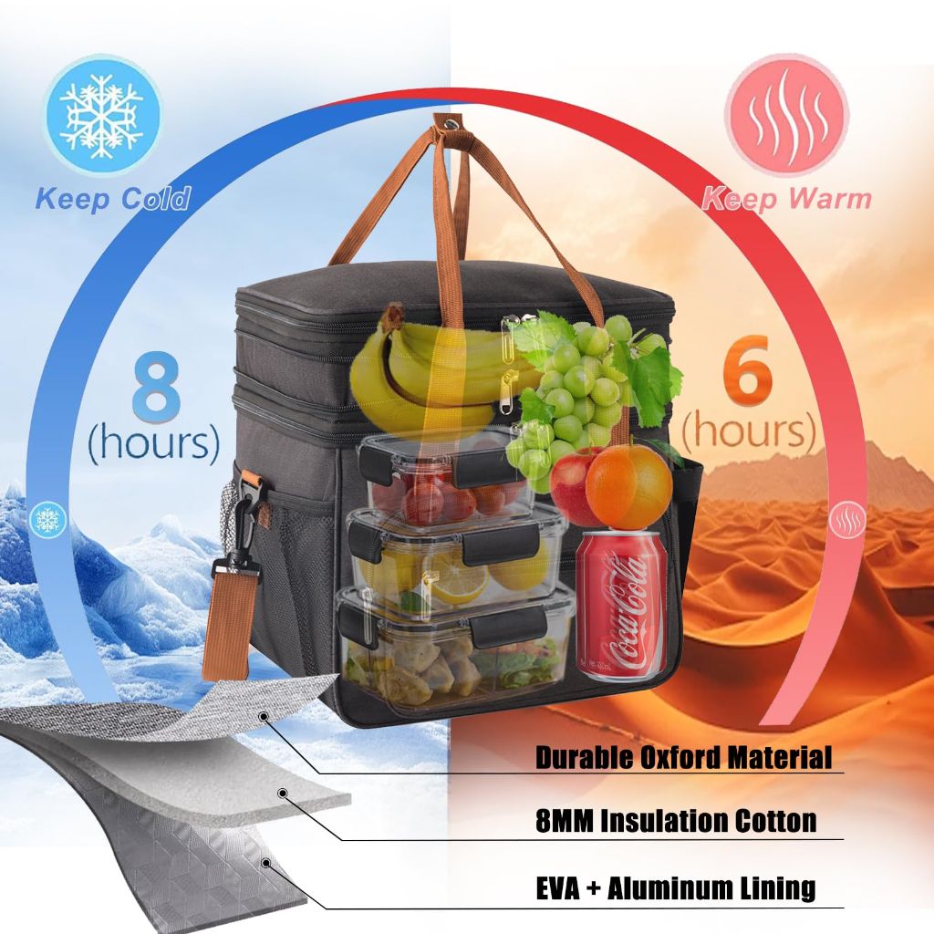 Lunch Box with Ice Pack, 2*Reusable Storage Bags, Expandable Double Deck (Black)