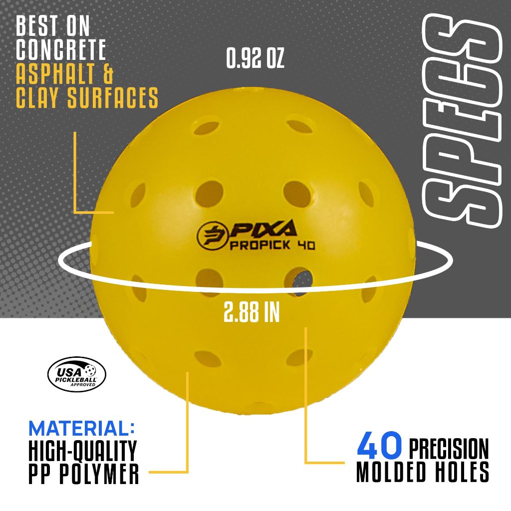 PIXA Propick 40 Unisphere Premium Outdoor Pickleballs - Bright Yellow, 12ct.
