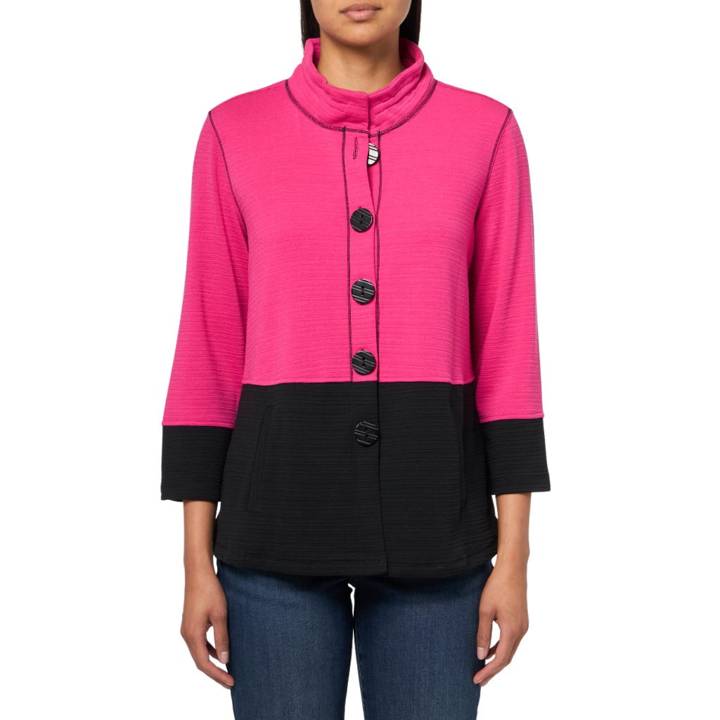 MULTIPLES Women's Three Quarters Band Sleeves Two-Pocket Blouse - Fuchsia, Medium