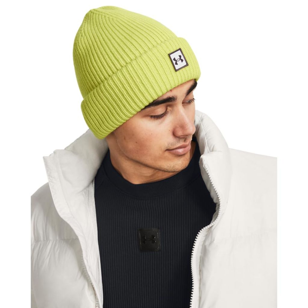 Under Armour Adult's Halftime Ribbed Beanie - Lime Yellow/Ash Taupe, One Size