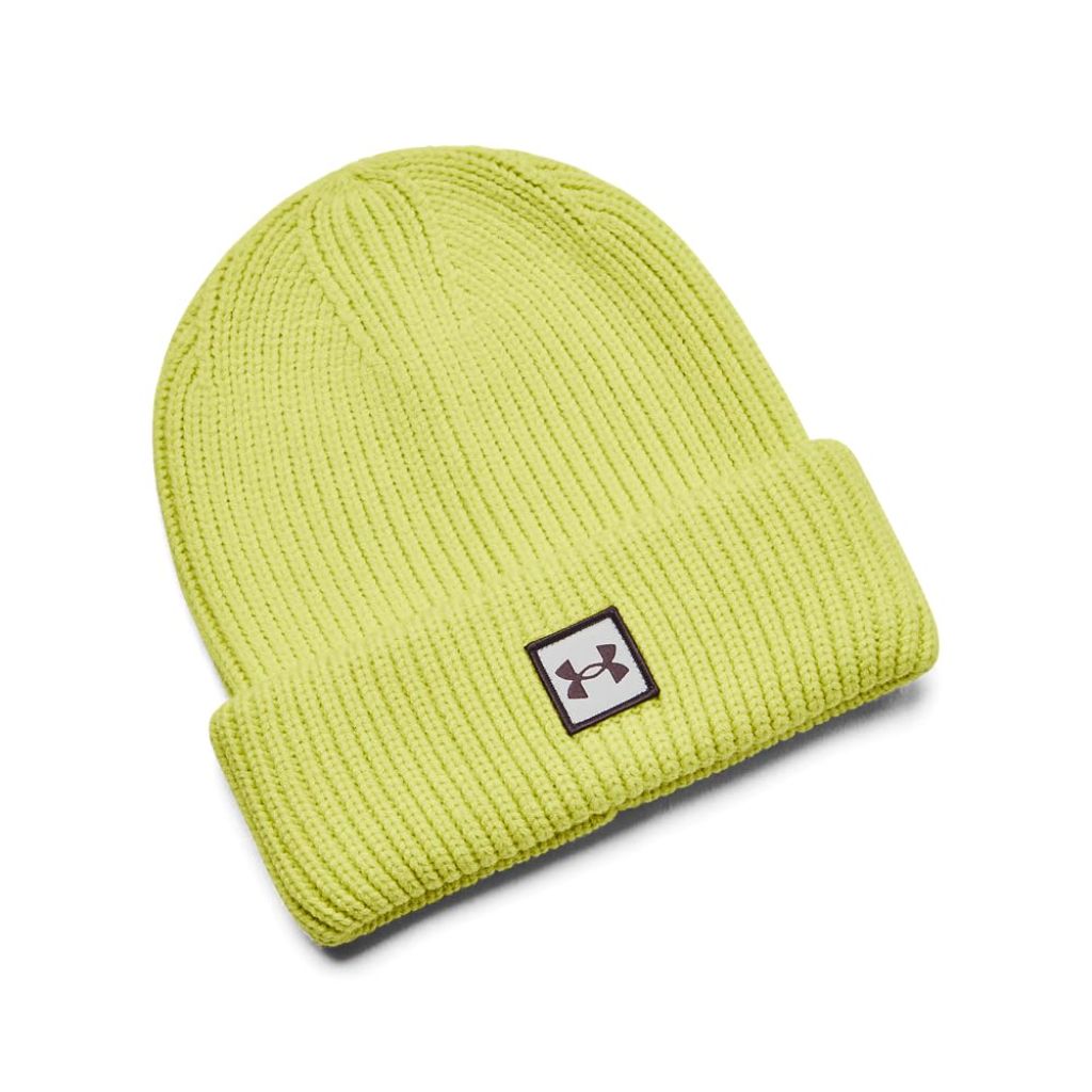 Under Armour Adult's Halftime Ribbed Beanie - Lime Yellow/Ash Taupe, One Size