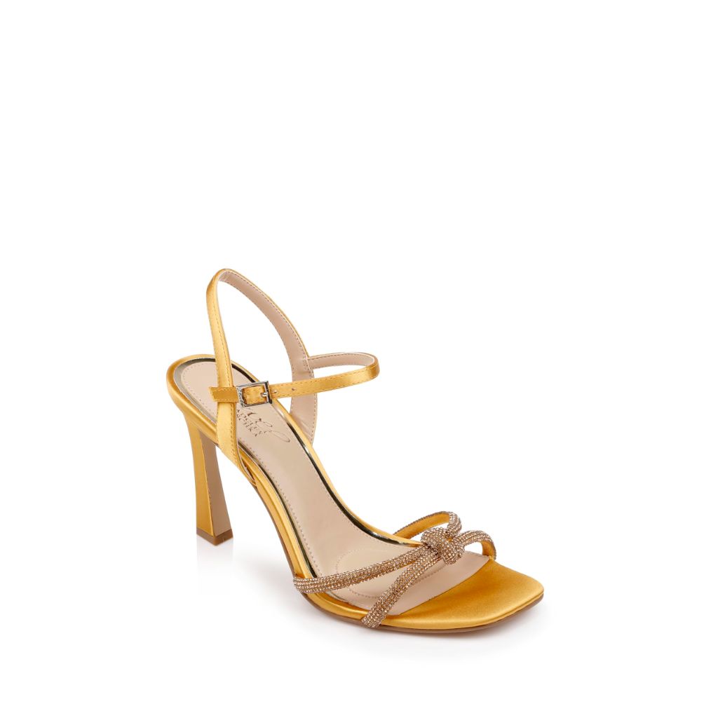 Jewel Badgley Mischka Madison Stiletto Sandals with Rhinestone Knot Detail (Gold) Size 7