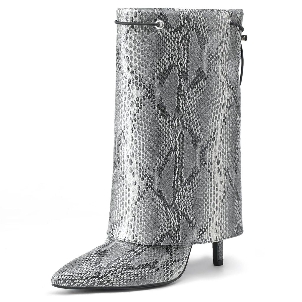 Newbella Women's Mid-Calf Foldover Stiletto Boots - Faux Snakeskin Leather, Size 9
