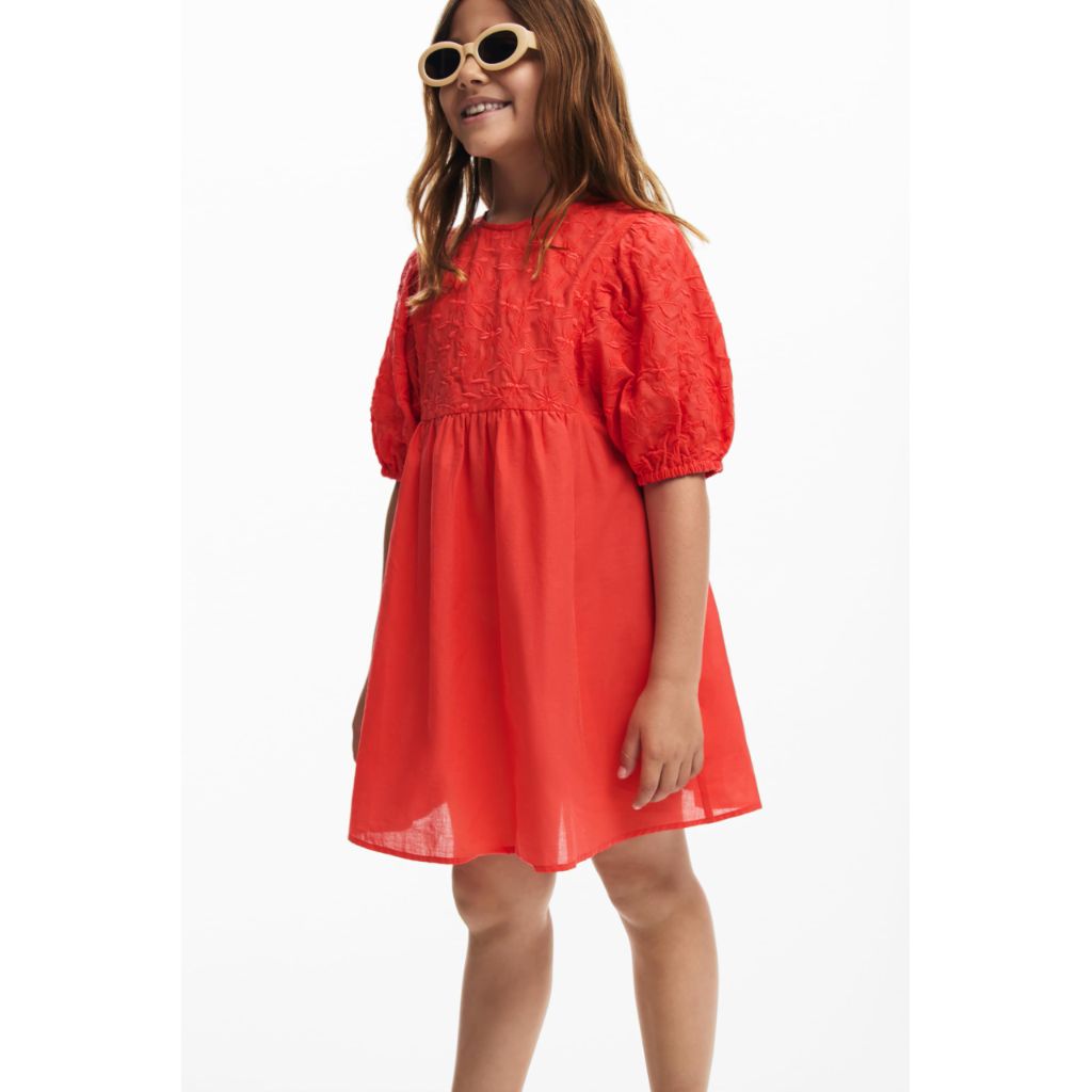 Desigual Girl's Janis Vest  Embroidered Floral Puff Sleeve Top - Coral, Size 3/4