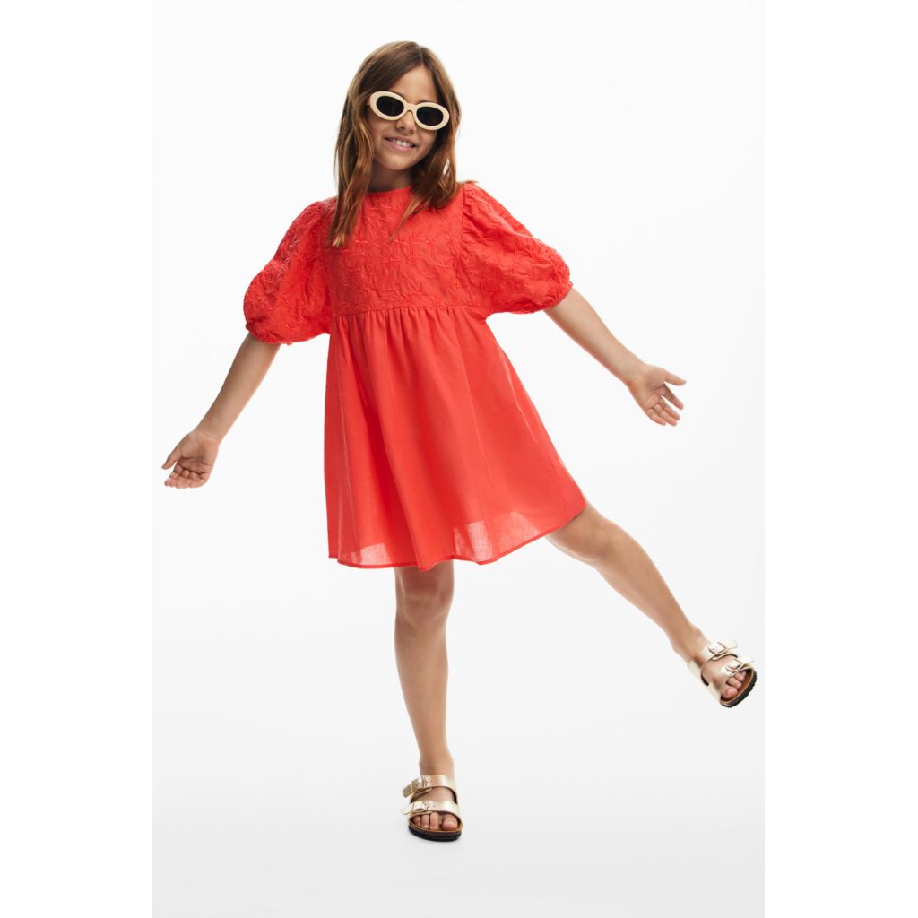 Desigual Girl's Janis Vest  Embroidered Floral Puff Sleeve Top - Coral, Size 3/4