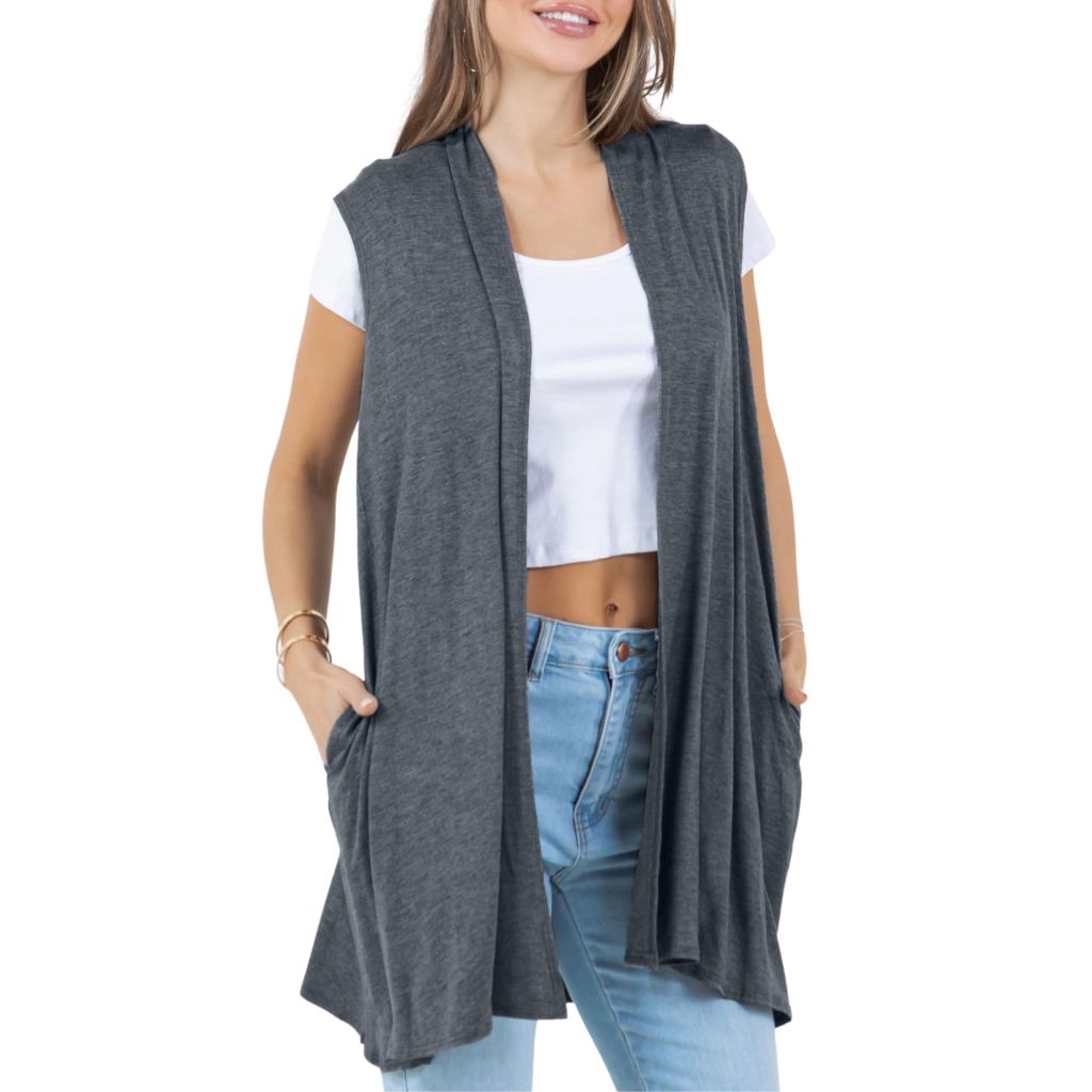 Azules Women's Long, Sleeveless Long Cardigan w/Side Pockets - Charcoal, Size 2X