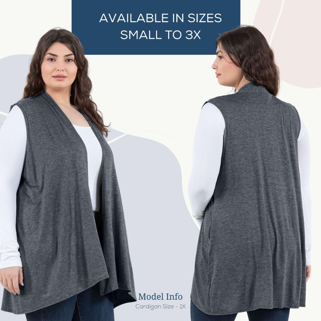 Azules Women's Long, Sleeveless Long Cardigan w/Side Pockets - Charcoal, Size 2X