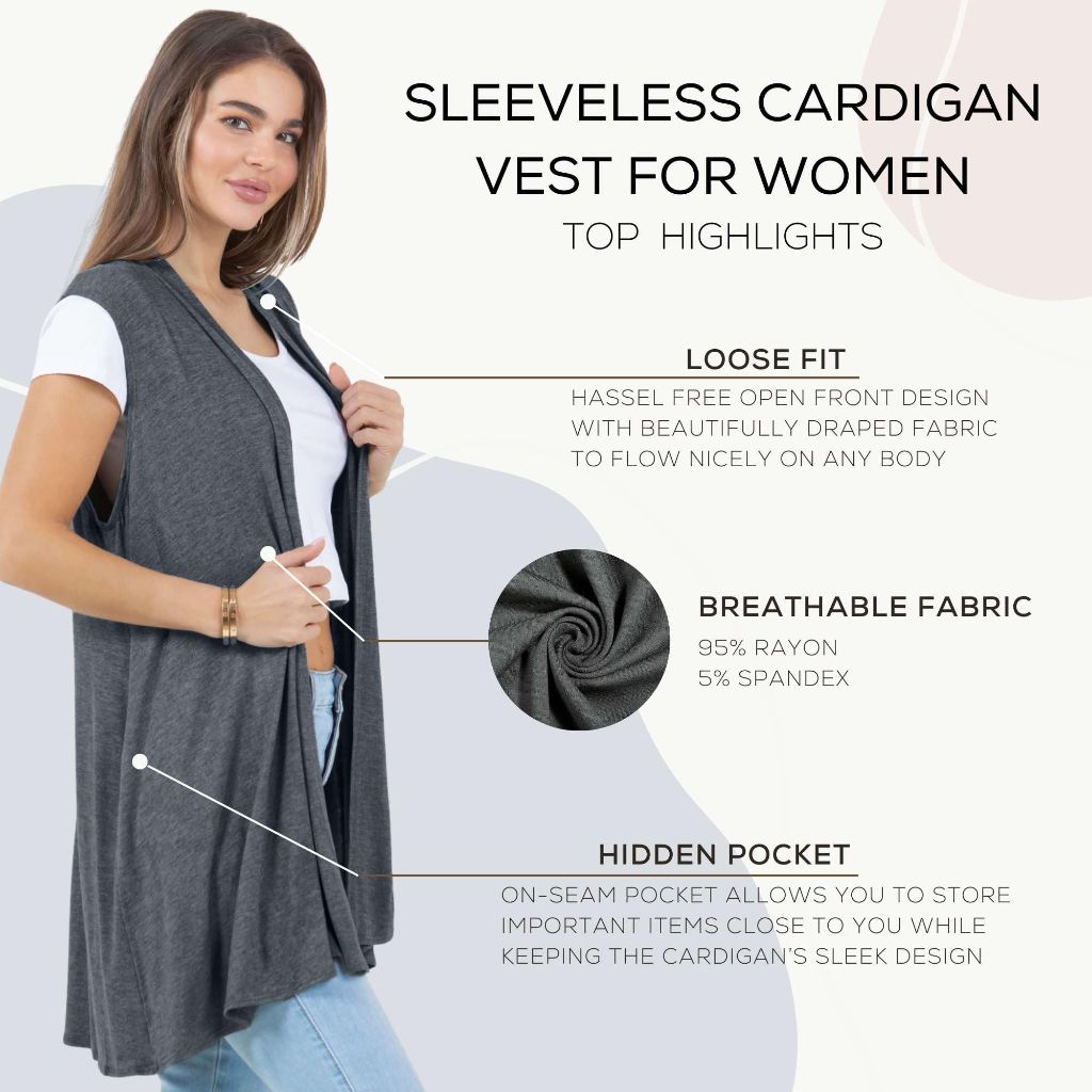 Azules Women's Long, Sleeveless Long Cardigan w/Side Pockets - Charcoal, Size 2X