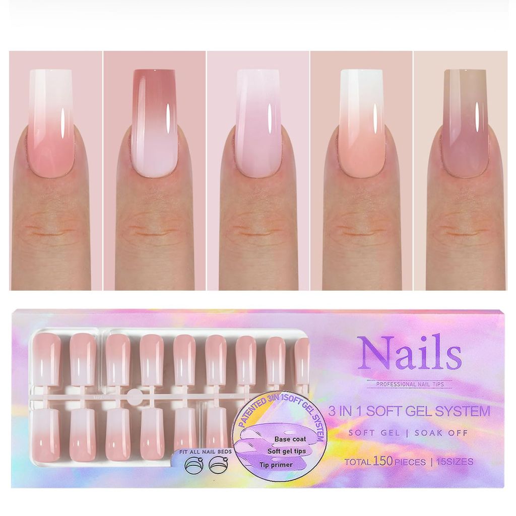 3-in-1 Soft Gel Press-On Nails: Long Coffin Tips - 150pcs.