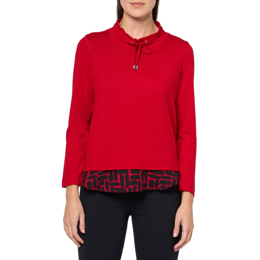 MULTIPLES Women's Petite Long Sleeves Drawstring Mock Neck Layered Look Hi-Lo Top - Vivid Red, XL Petite