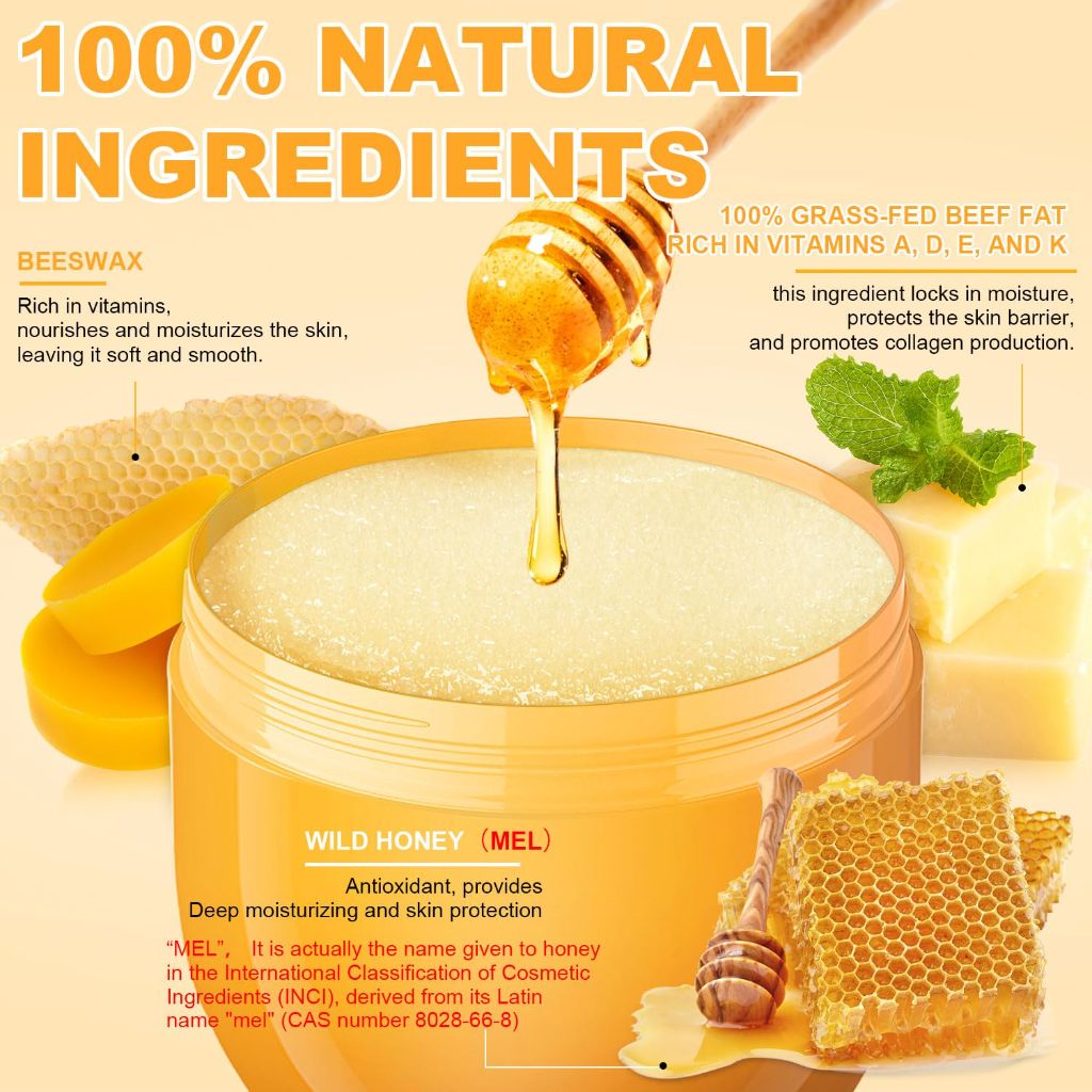 Beef Tallow 100% Grass-Fed Beef with Raw Honey & Beeswax Skin Moisturizer, 3.5oz.