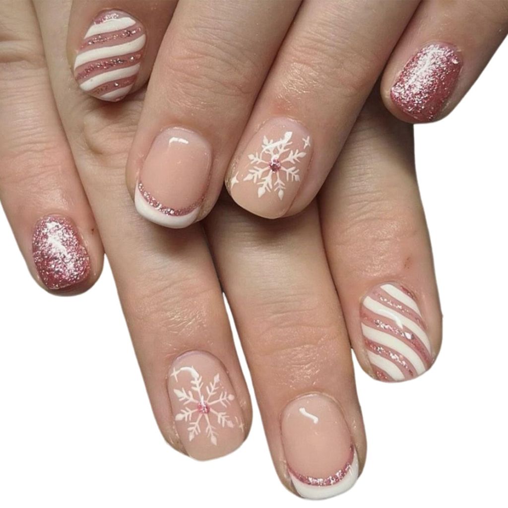 Christmas Press-On Nails: Short Square White French Tip With Snowflake Glitter Lines Design - 24pcs