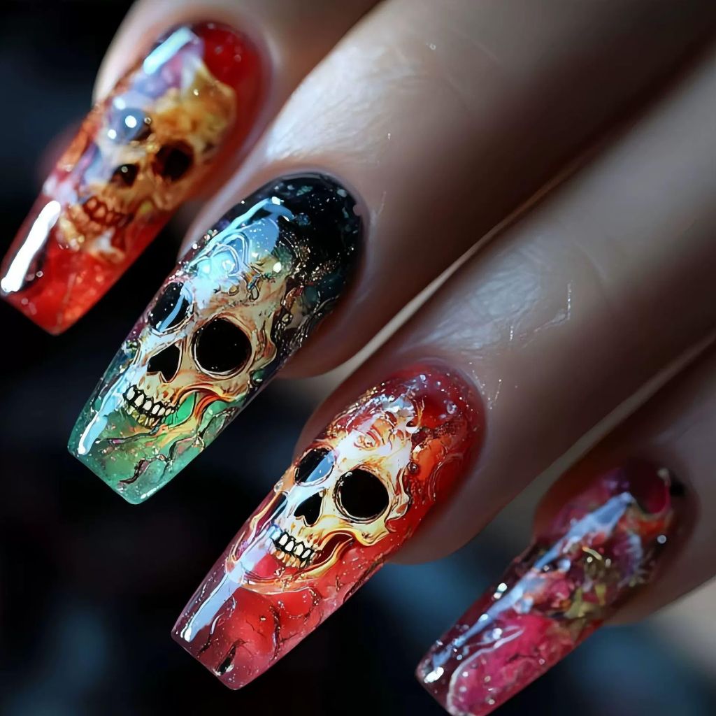 Halloween Press On Nails: Long Coffin Skull Design - 24pcs.