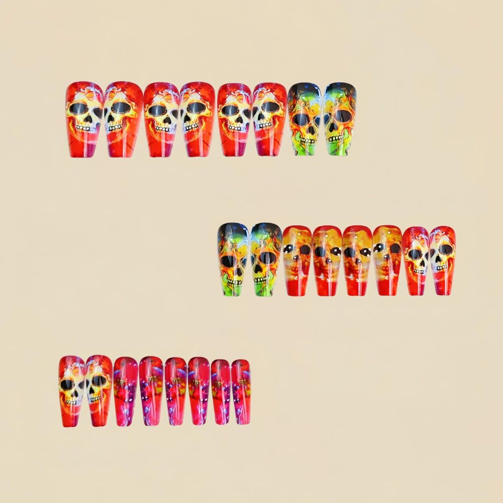 Halloween Press On Nails: Long Coffin Skull Design - 24pcs.