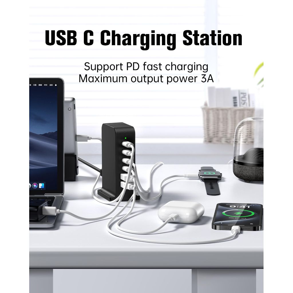 USB C Charger 55W,Multiport USB Charging Station 20W PD,6 Port USB Hub Charger Tower for iPhone 15/14/13/12, iPad, Samsung Galaxy, Google Pixel,HTC, and Multiple Devices (Black)