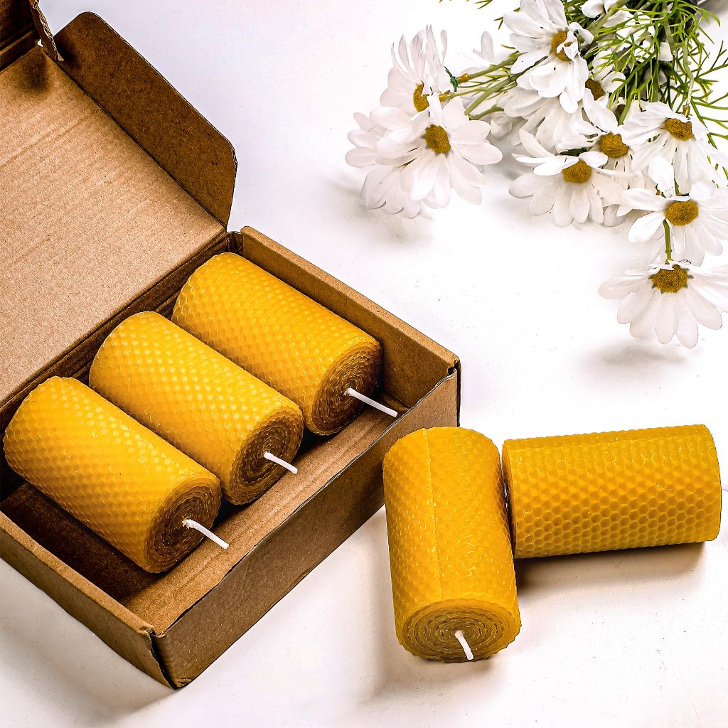 Beeswax Pillar Candles Bulk Set of 9 Handmade from 100% Pure Natural Rolled Bees Wax - Measures 2" x 3.4