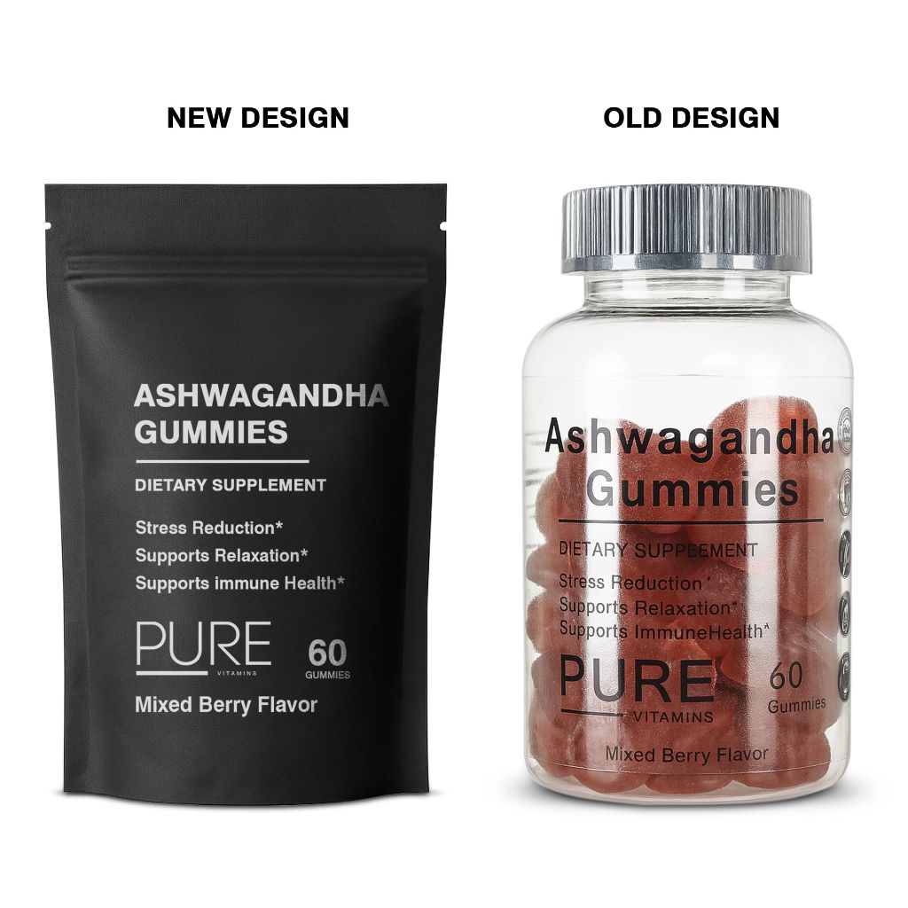Pure Vitamins Ashwagandha Gummies 300mg Root Extract + Vitamin D2 - Mixed Berry, 60ct.
