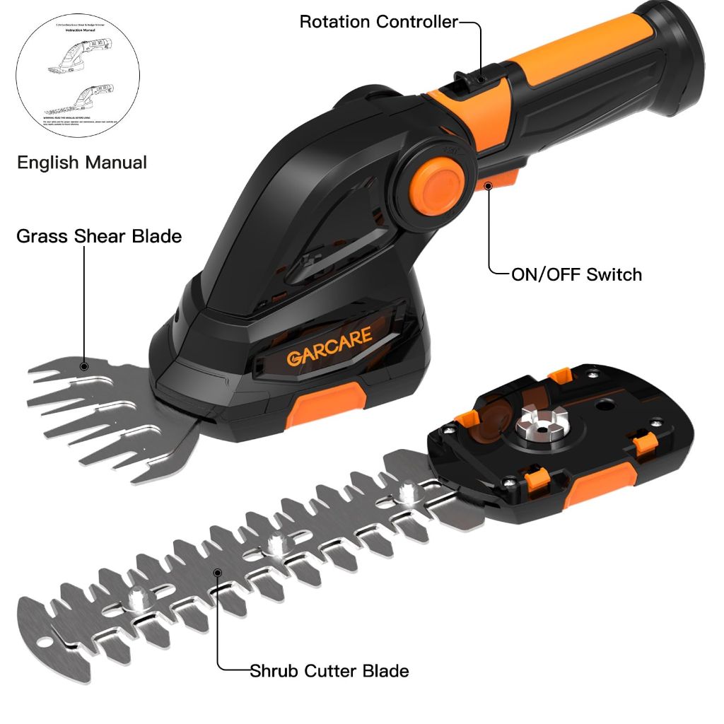 Garcare 2-in-1 Grass Shears & Hedge Trimmer, Cordless, 1200rpm w/2000mAh Built-in Battery