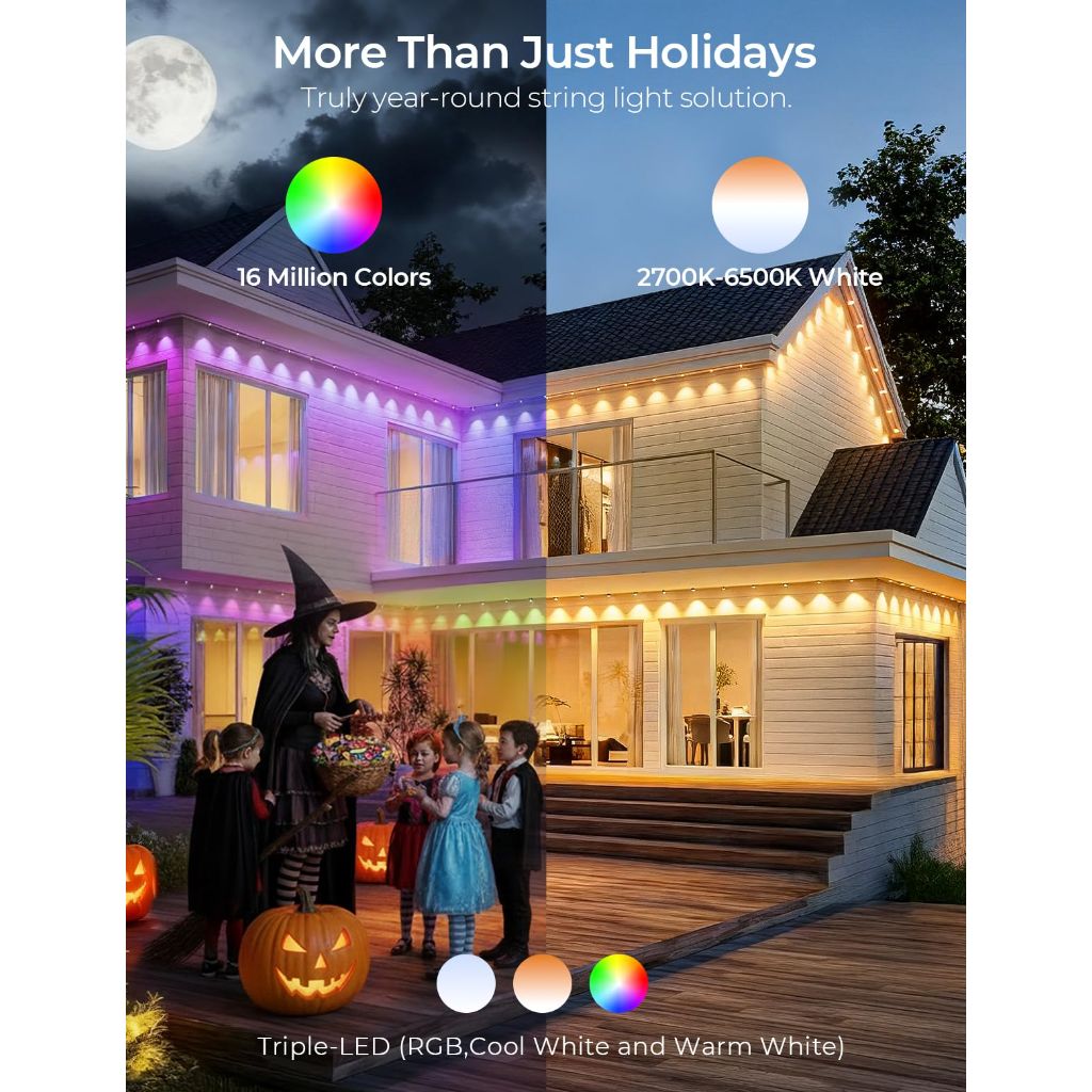SMAVISTA Permanent Outdoor Smart Lights Pro, 60 LED RGB+IC+Warm/Cool White (100ft.), 100+ Scene Modes, Works with Alexa, Google Assistant