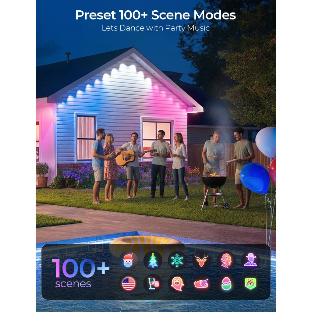 SMAVISTA Permanent Outdoor Smart Lights Pro, 60 LED RGB+IC+Warm/Cool White (100ft.), 100+ Scene Modes, Works with Alexa, Google Assistant