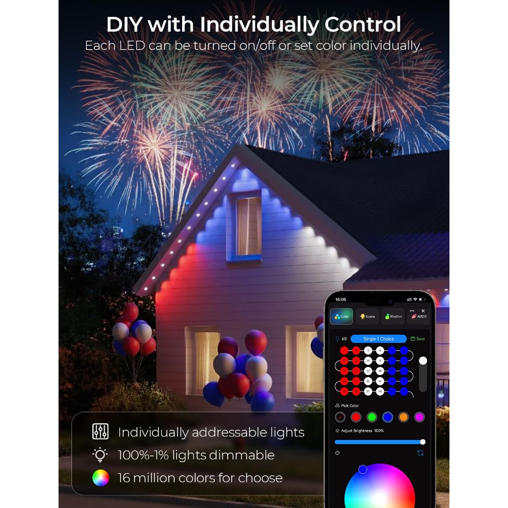 SMAVISTA Permanent Outdoor Smart Lights Pro, 60 LED RGB+IC+Warm/Cool White (100ft.), 100+ Scene Modes, Works with Alexa, Google Assistant