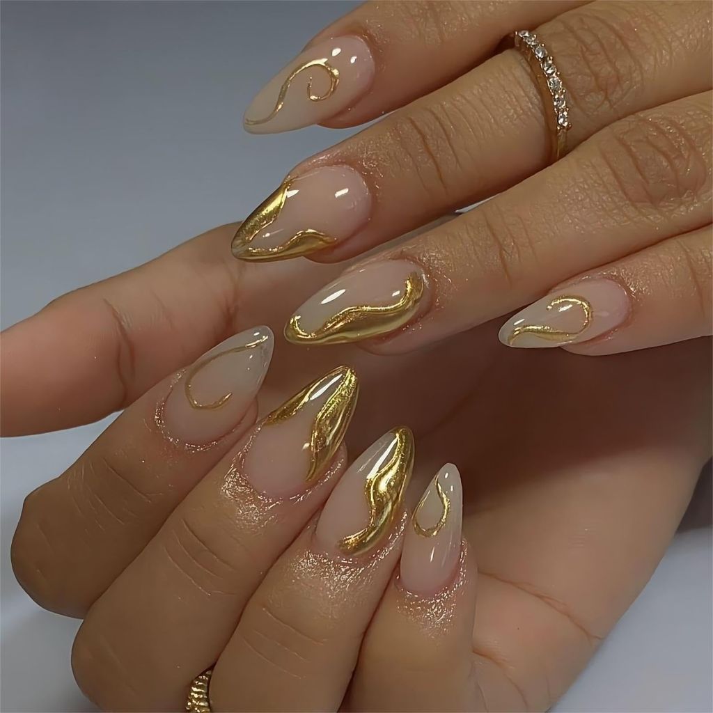 Press-On False Nails, Almond Shape Gold Detail Glossy Finish (24pcs)