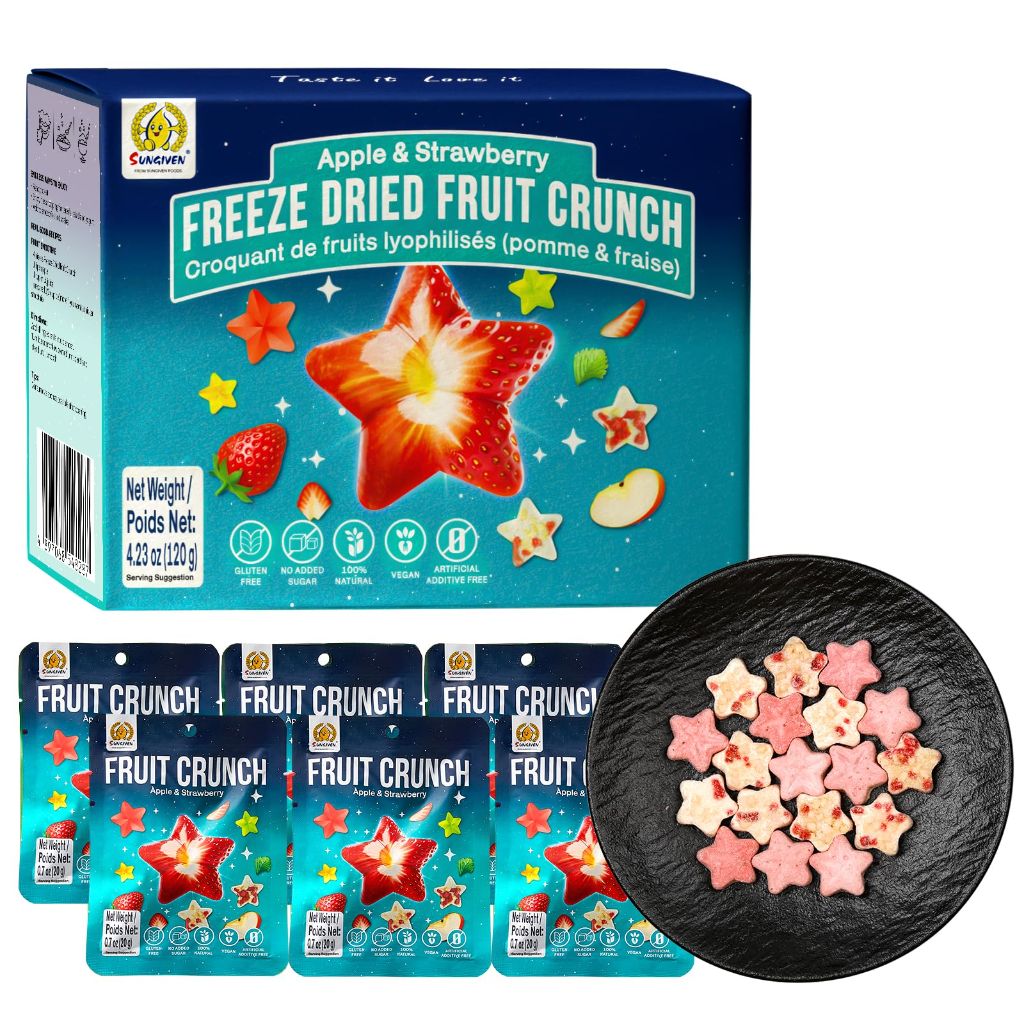 Sungiven Freeze Dried Fruit Crunch Crisps - Apple & Strawberry, 4.2oz (6 Packs)