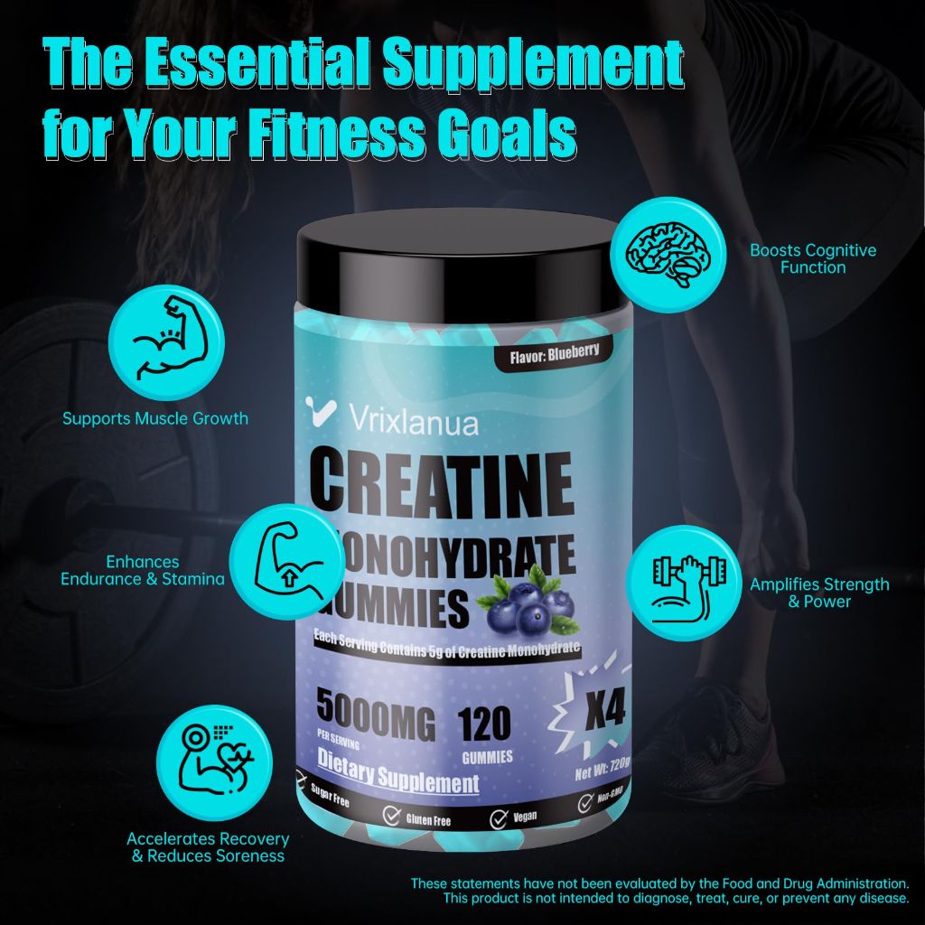 Vrixlanua 500mg Creatine Monohydrate Gummies - Blueberry, 120ct.