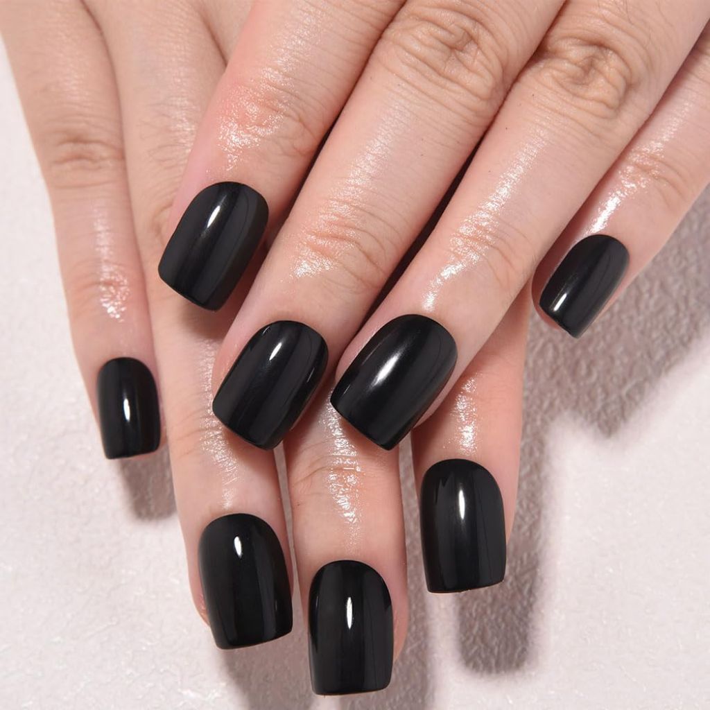 Kaely Press-On Square Short Nails - Glossy Black, 24pcs.